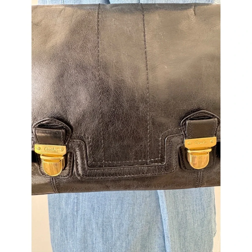 Coach Poppy Pushlock Flap Shoulder Leather Purse Handbag Black‎ Brass 17925